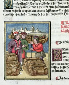 A medida e transporte de vinho, de &39;Ordens Reais da Jurisdição do Prevote dos Mercadores da Cidade de Paris&39;, 1528 (wc e guache sobre papel)